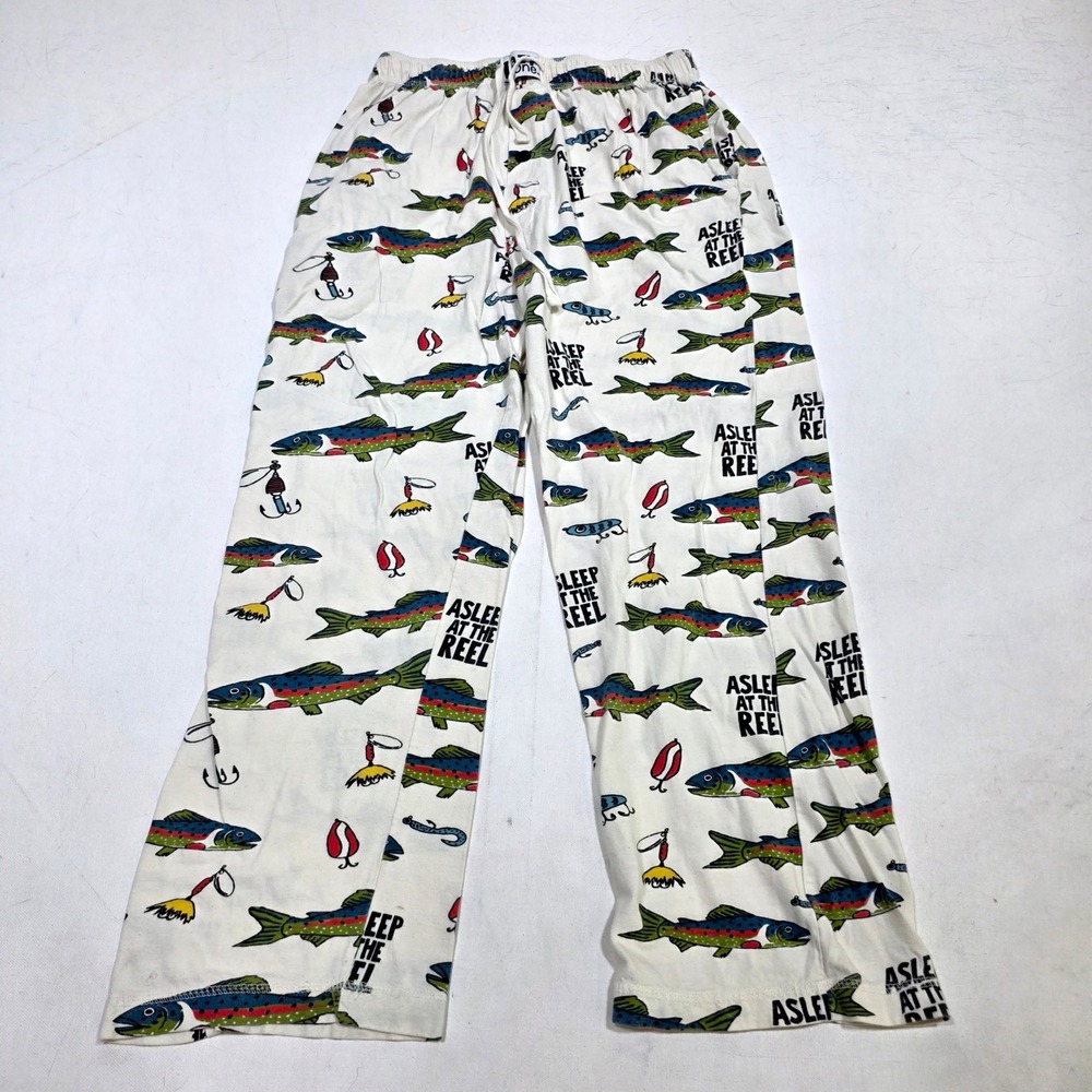 Lazy One Pajama Pants Mens Medium White Asleep At The Reel Fishing‎ Trout Print